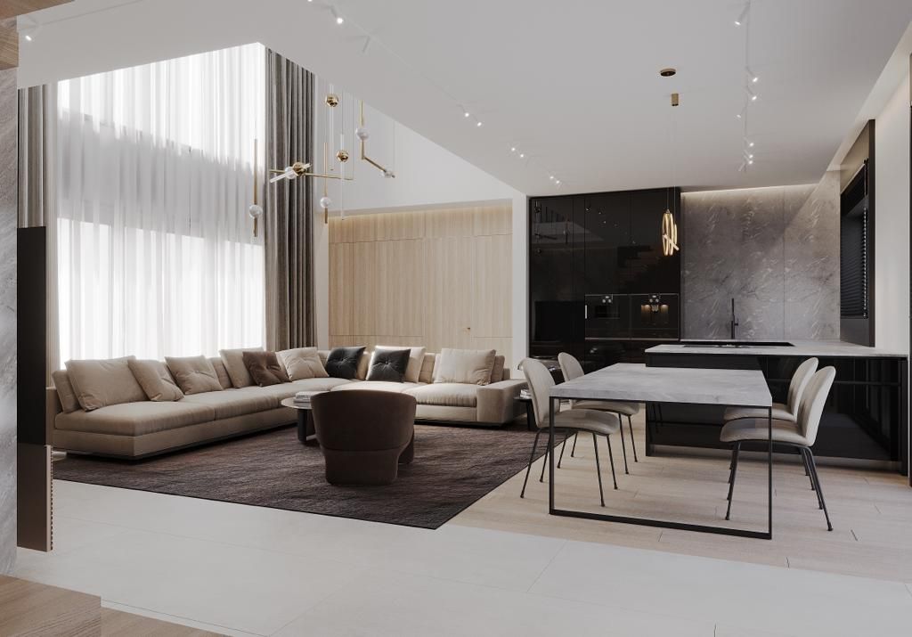 Modern living room with sectional sofa, dining table, and kitchen; neutral tones.