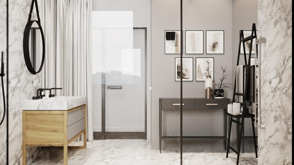 Bathroom with marble walls, wooden vanity, shower, and a black ladder shelf with art.