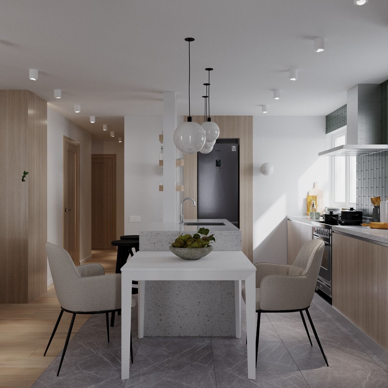 Modern kitchen with a dining table, chairs, and pendant lights.