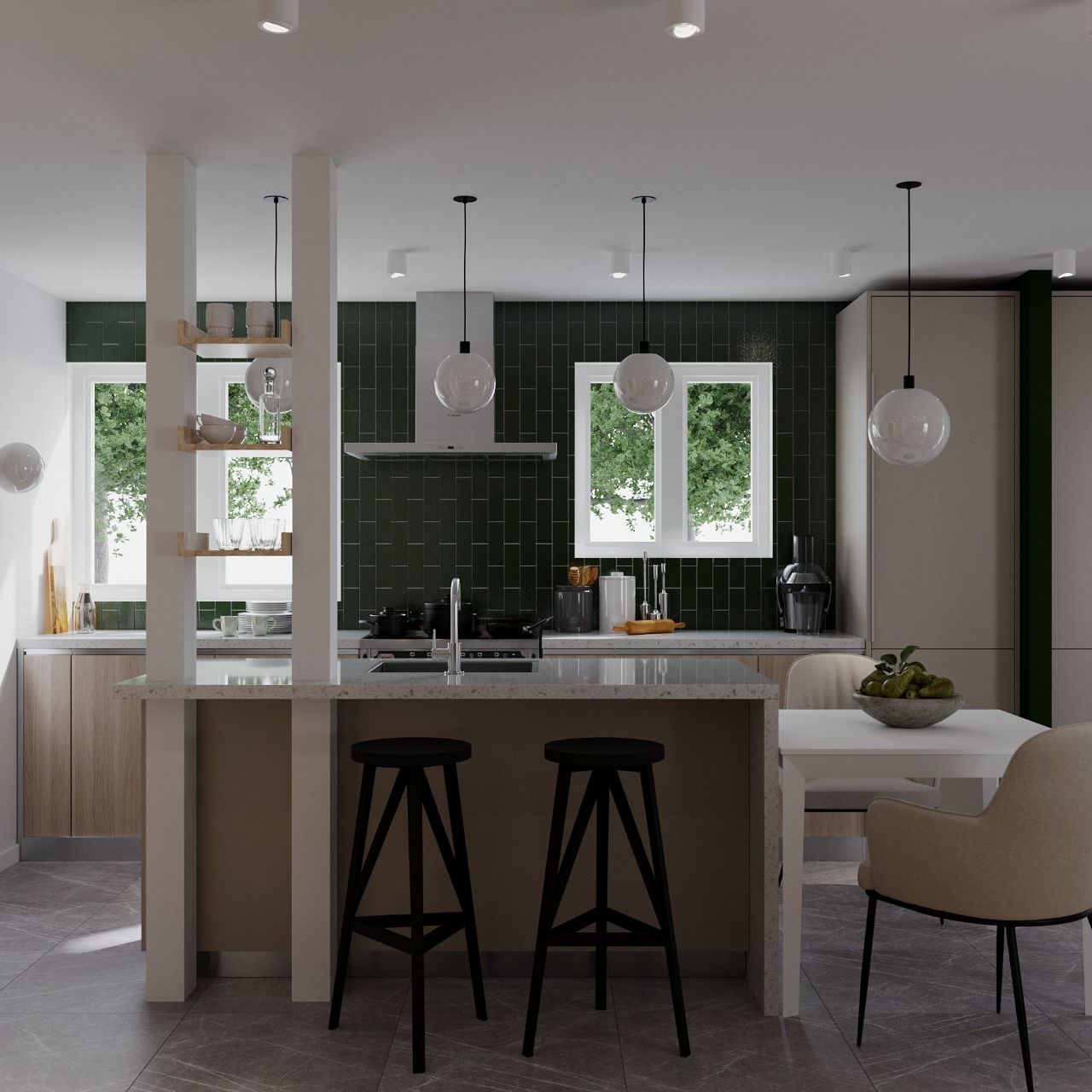 Modern kitchen with green tile backsplash, island with stools, and dining table.