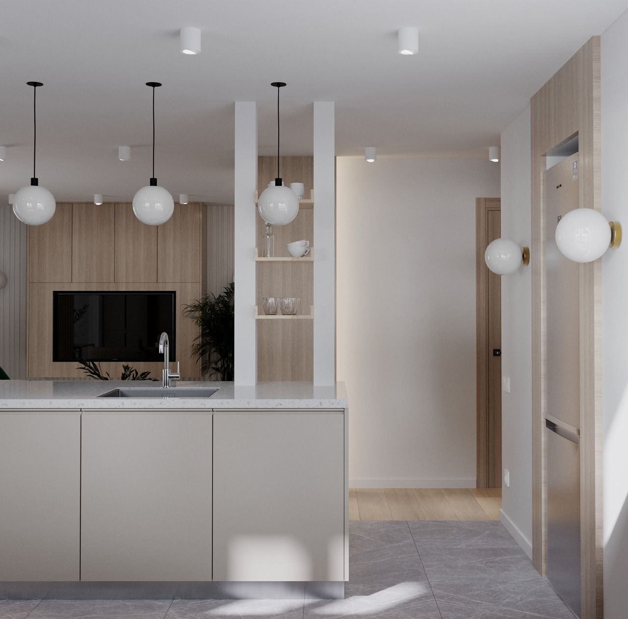 Modern kitchen interior with neutral tones, island, pendant lights, and built-in shelving.