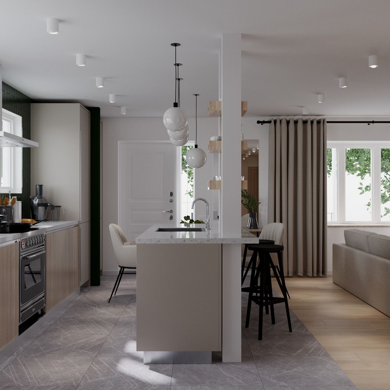 Modern kitchen with island, seating, and open-plan living area. Beige cabinets, grey floor, and white walls.