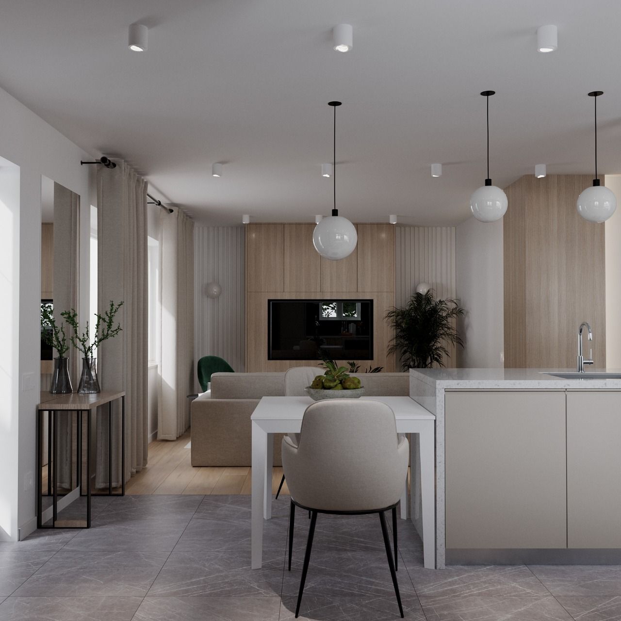 Modern open-concept living space with dining area, kitchen island, and living room featuring neutral colors and pendant lights.