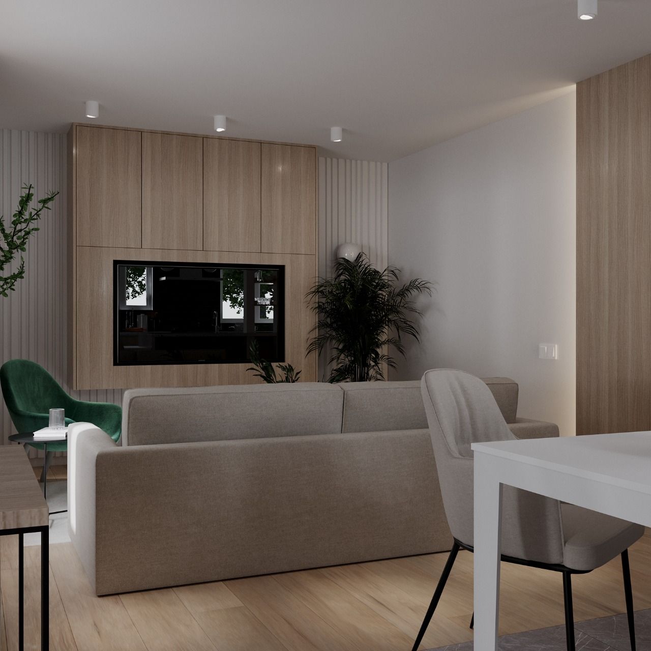 Modern living room with TV, beige sofa, wooden cabinets, and dining table.