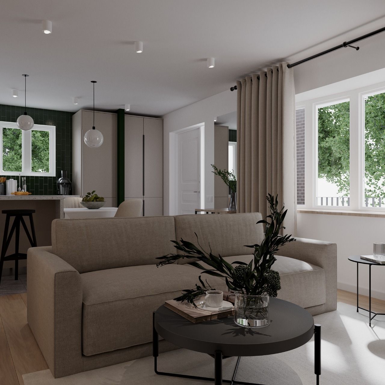 Modern living room with neutral sofa, coffee table, and open kitchen.