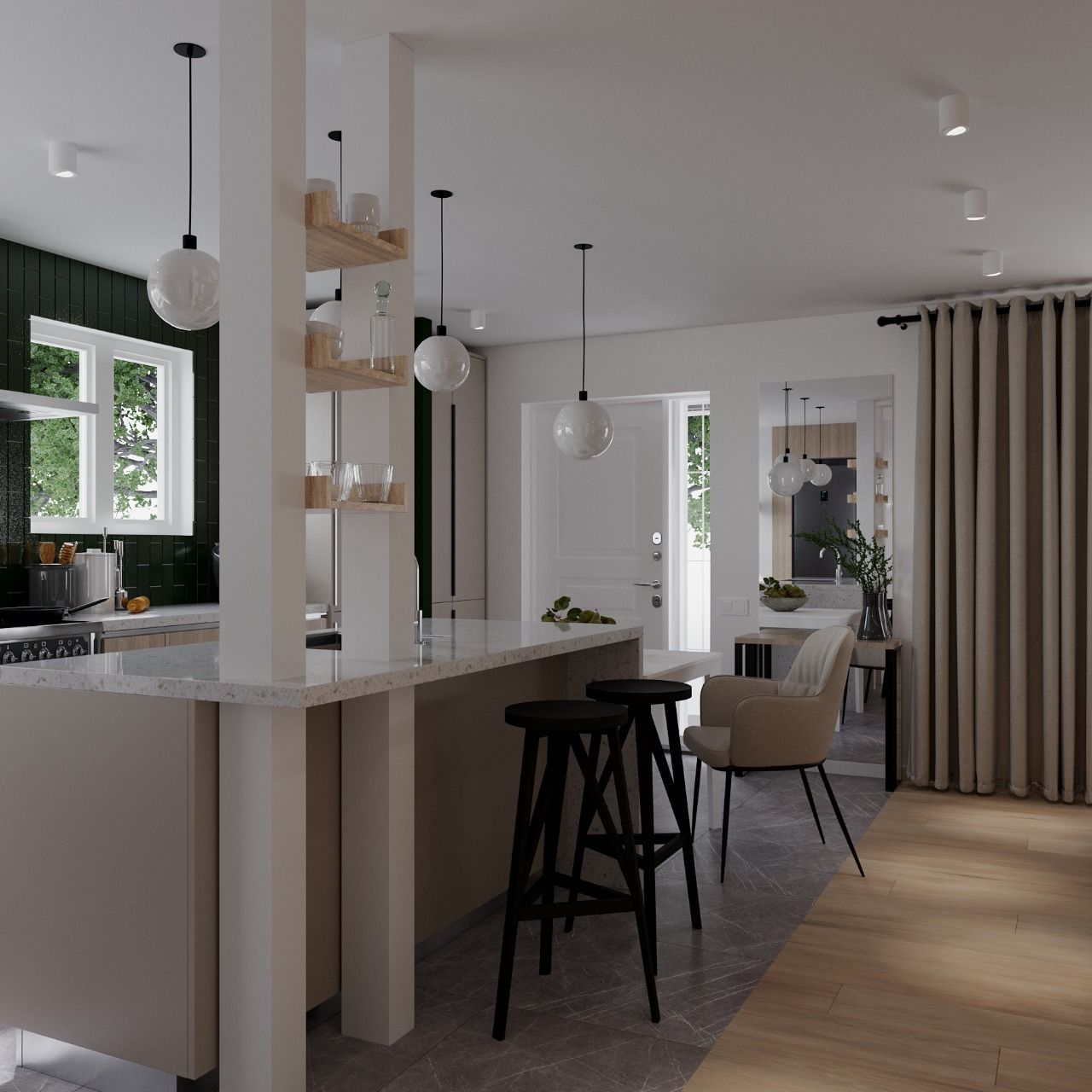 Modern kitchen with a breakfast bar, stools, and pendant lights. A dining area is visible in the background.