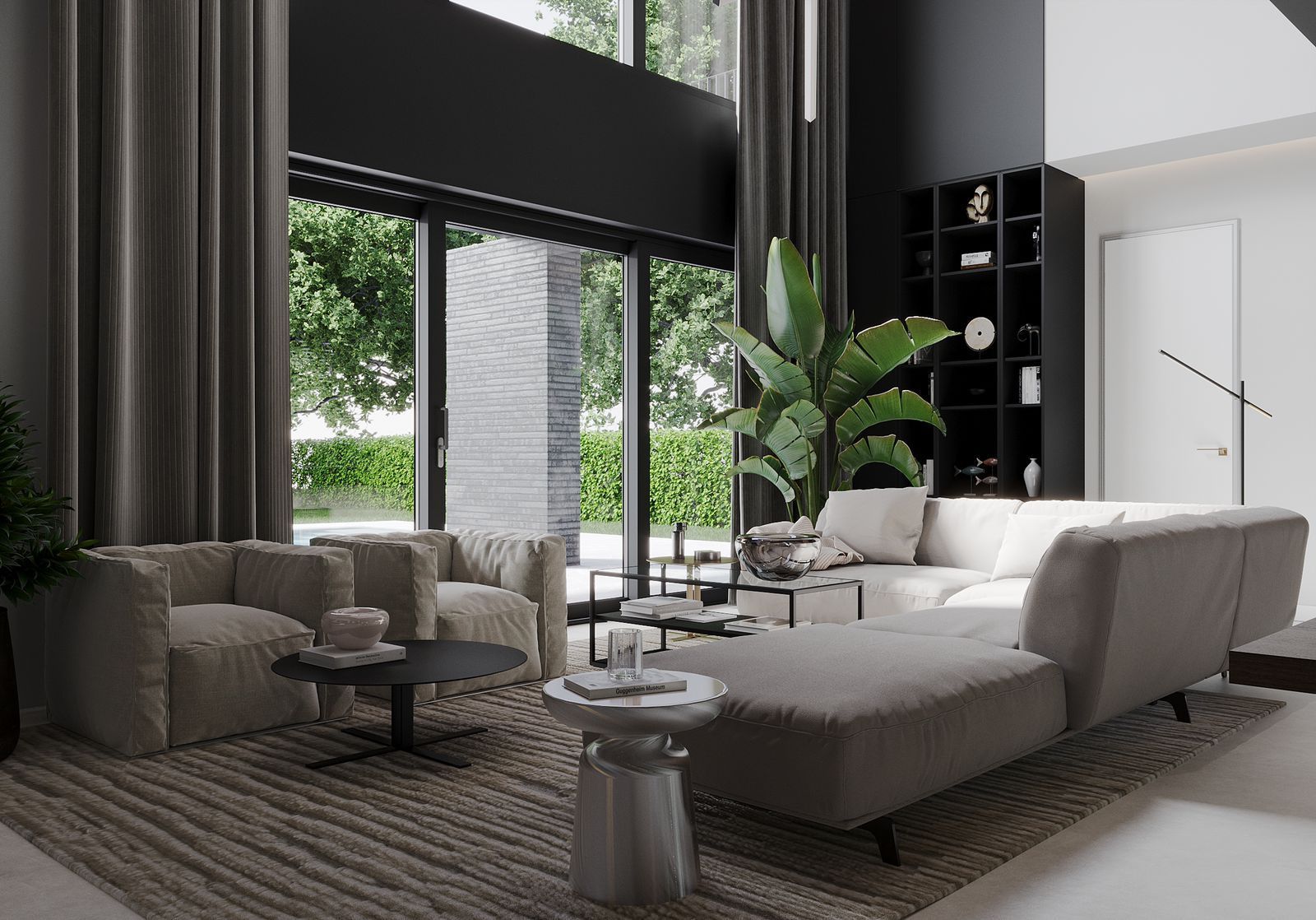 Modern living room with neutral colors, large windows, and sectional sofa.