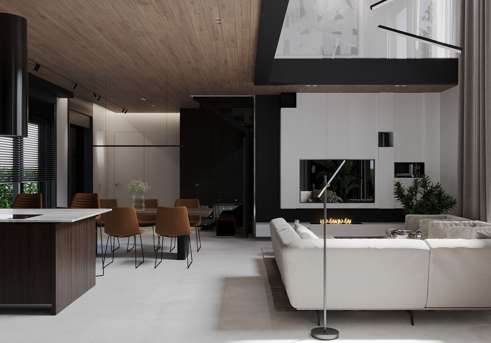 Modern living room with white sofa, black fireplace, wood ceiling, and dining table.