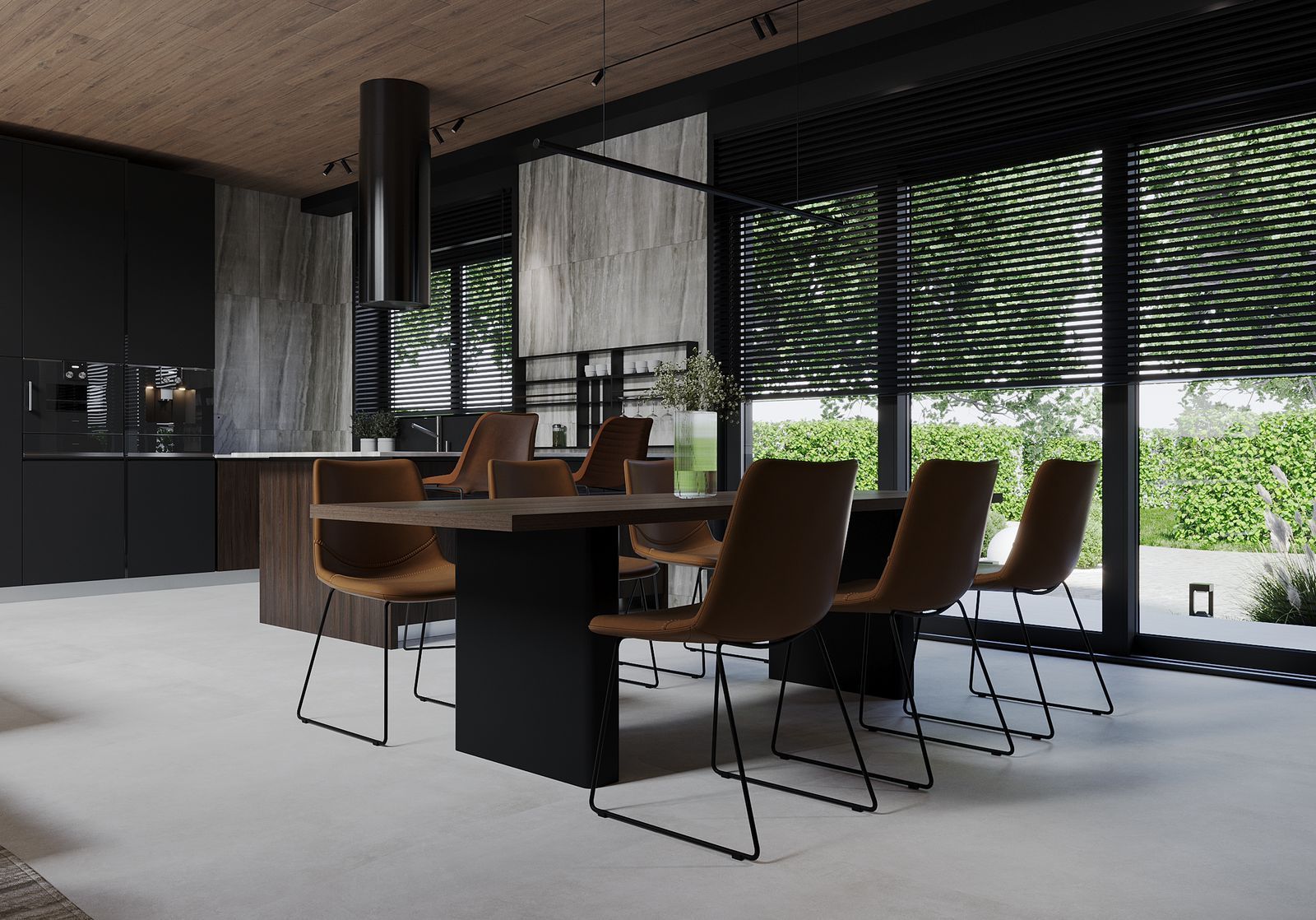Modern dining room with a table and chairs, kitchen in background, large windows.