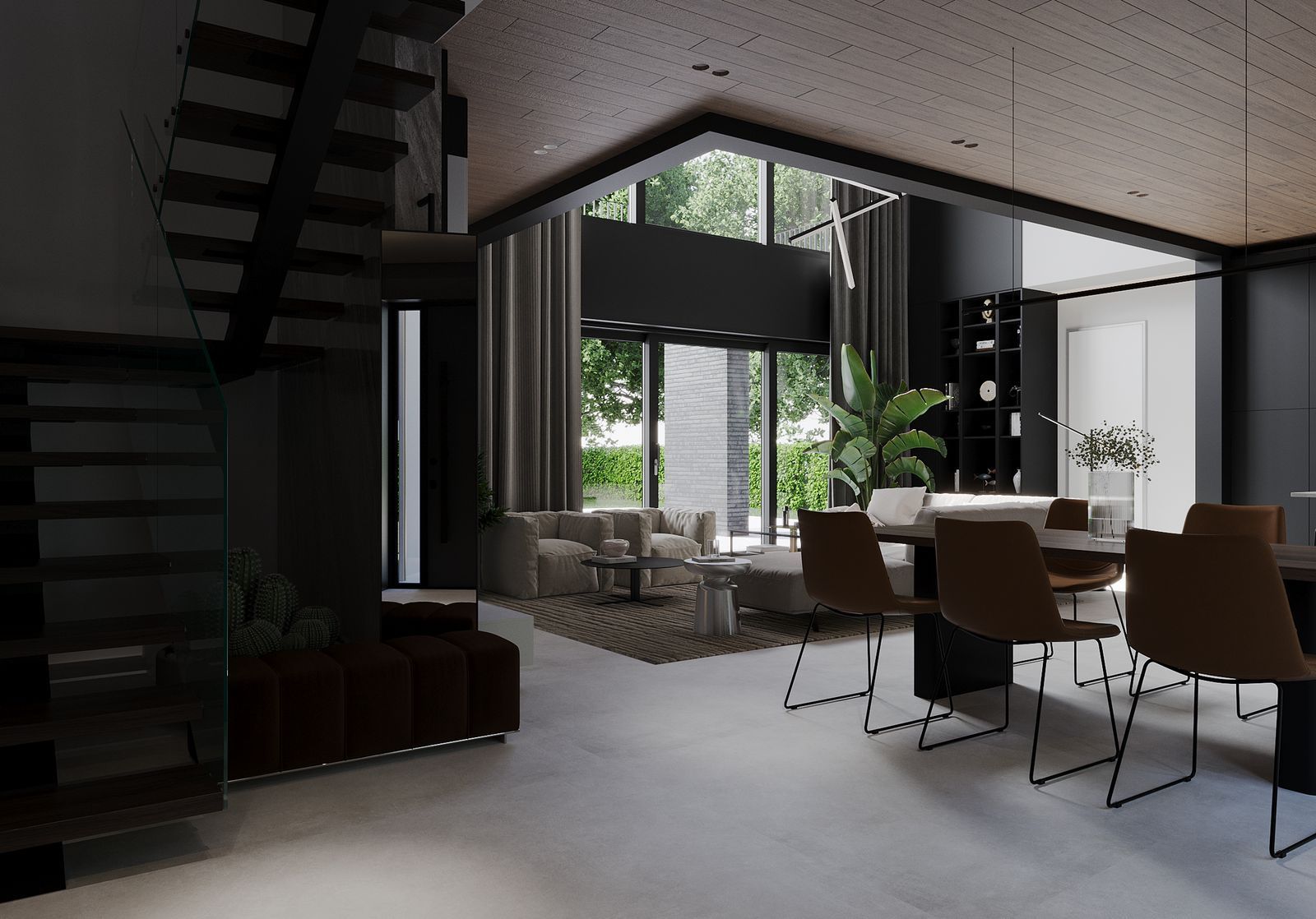 Modern interior with staircase, dining area, living room, and large windows with outdoor view.