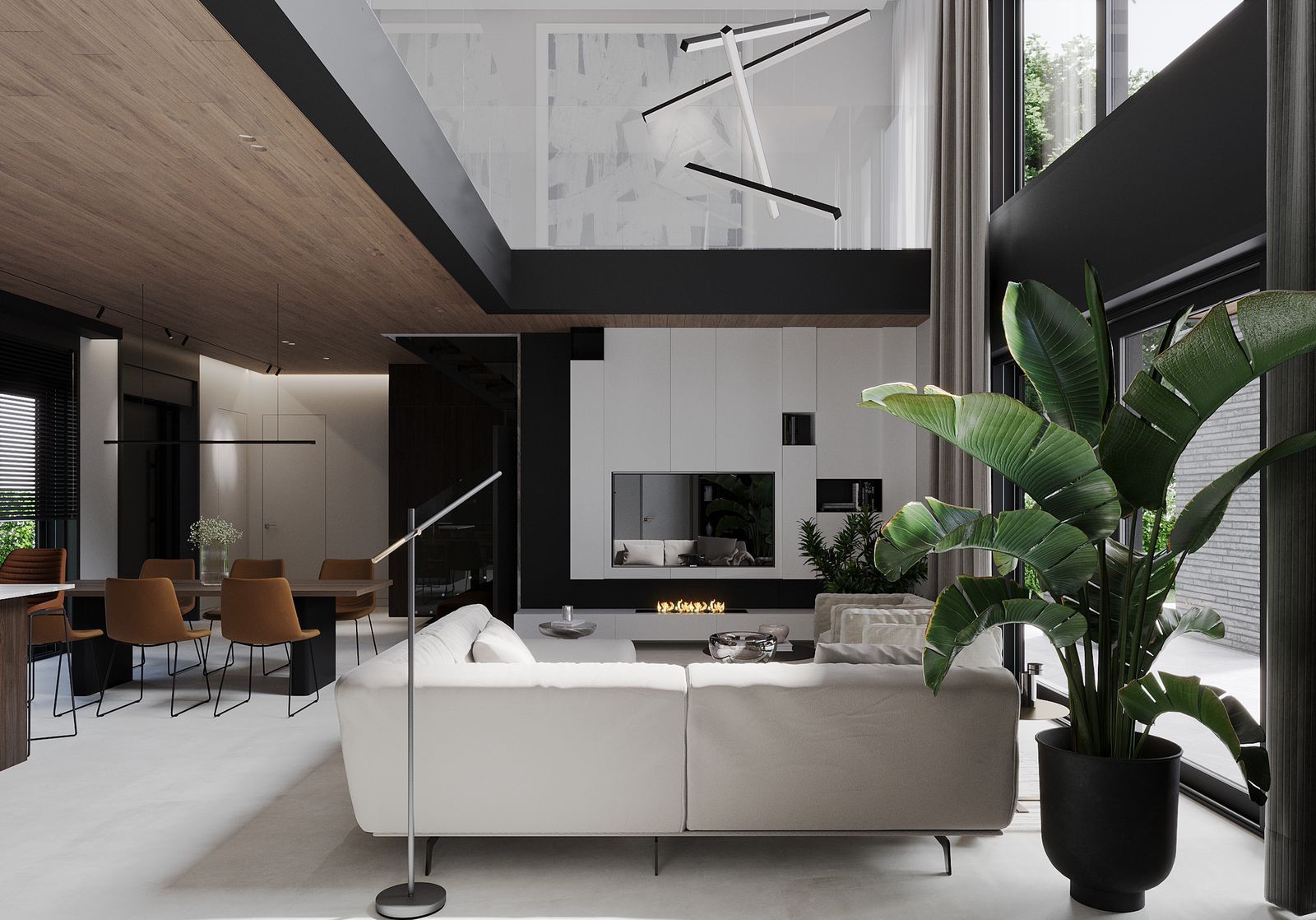 Modern living room with white sofa, black accent wall, and large potted plant.