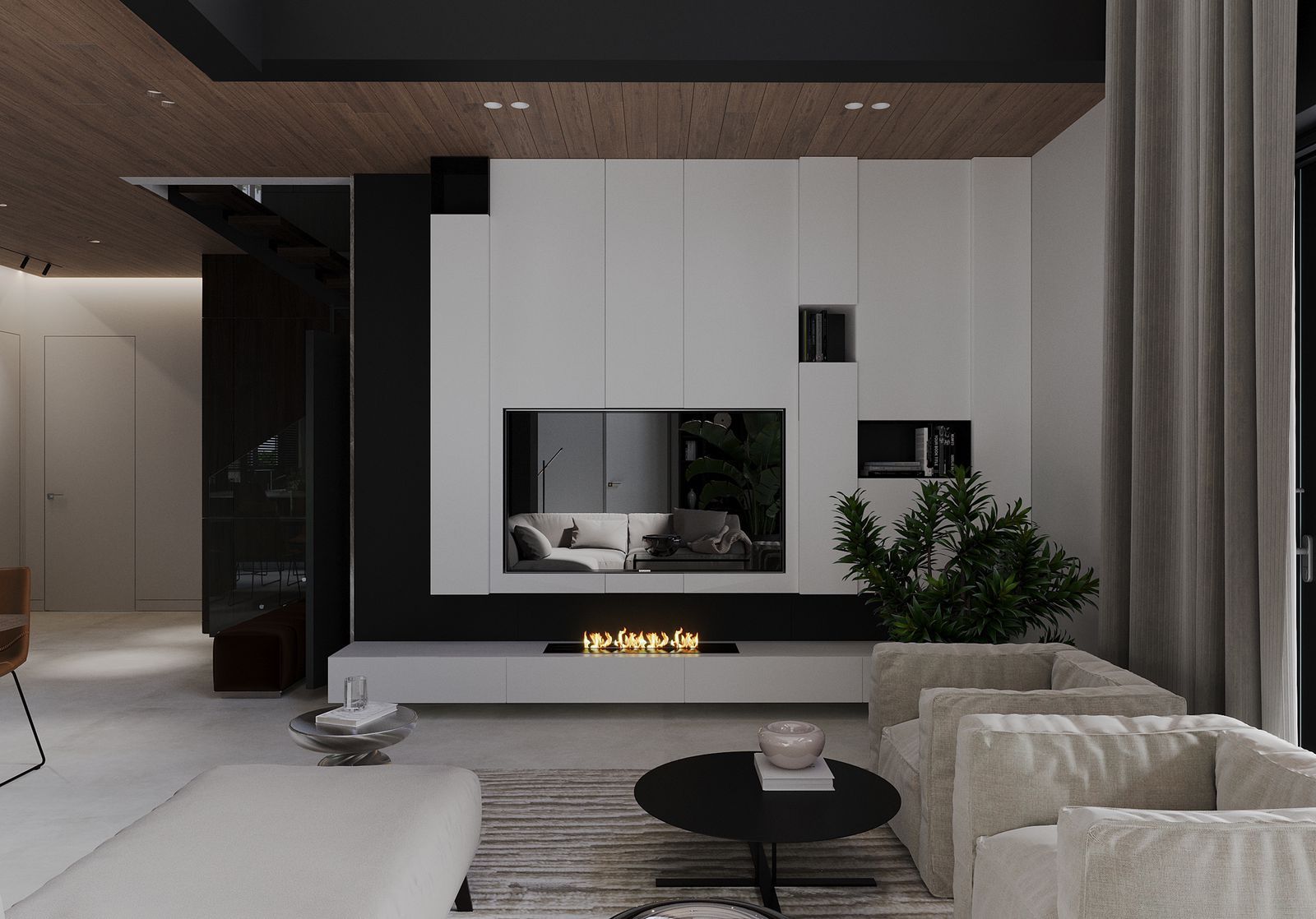 Modern living room with fireplace, TV, and black coffee table. White walls, wood ceiling.