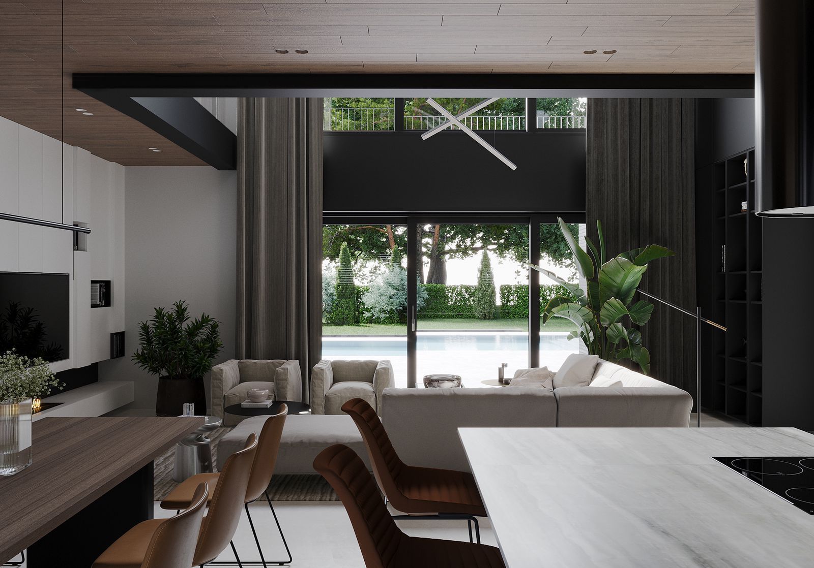 Modern living room with open layout, large windows, and pool view. Features a sectional sofa, chairs, and kitchen island.