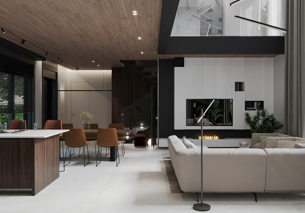 Modern living room with open layout, wood ceiling, white walls, large sofa, dining table, and staircase.