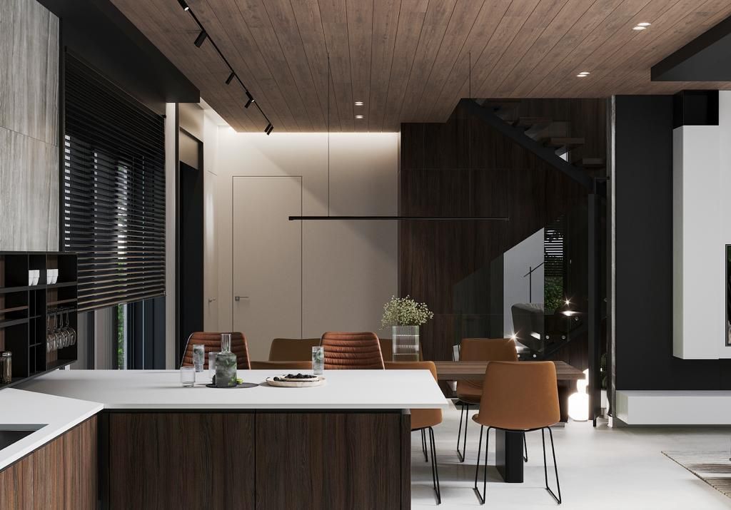 Modern dining room with a wooden ceiling, table, and brown chairs. A kitchen counter is in the foreground.