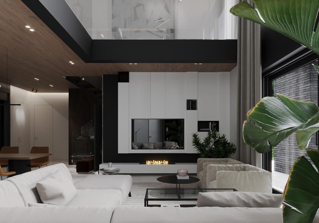 Modern living room with white sofa, fireplace, and large green plant.
