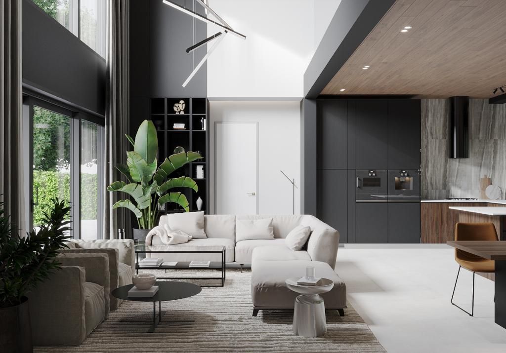Modern living room with neutral colors, a sectional sofa, and floor-to-ceiling windows.