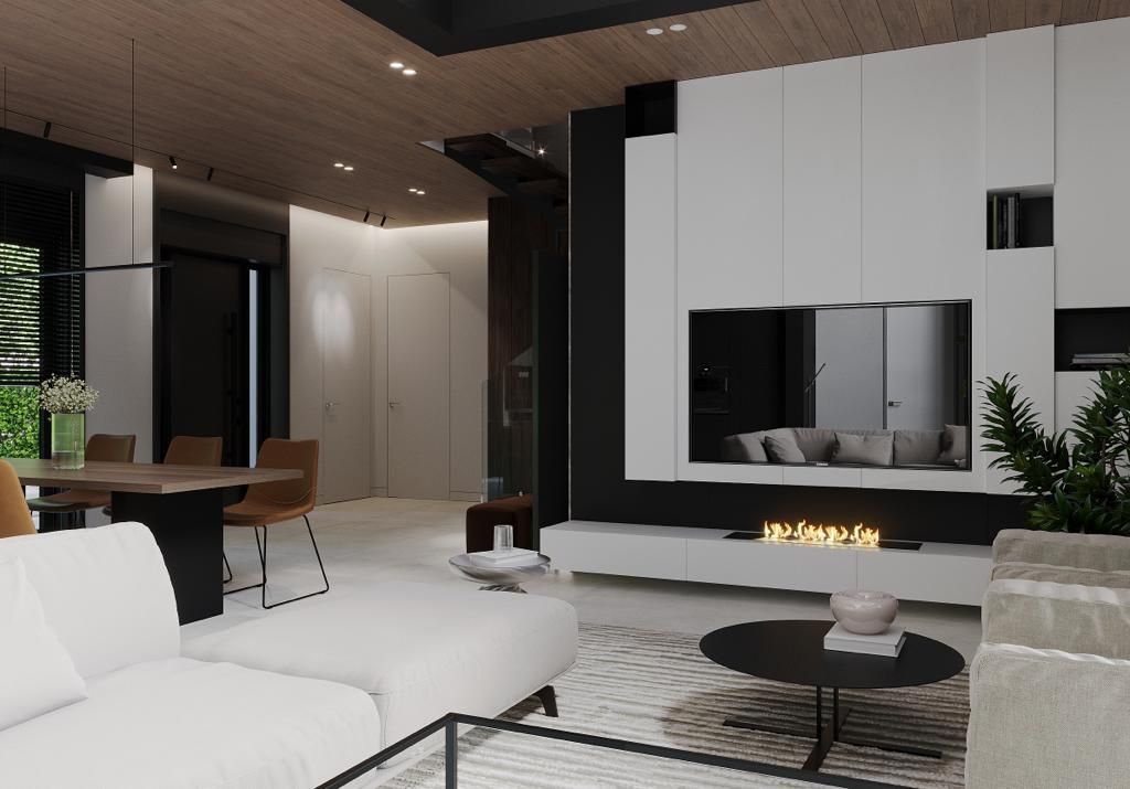 Modern living room with fireplace, white walls, and wooden ceiling.