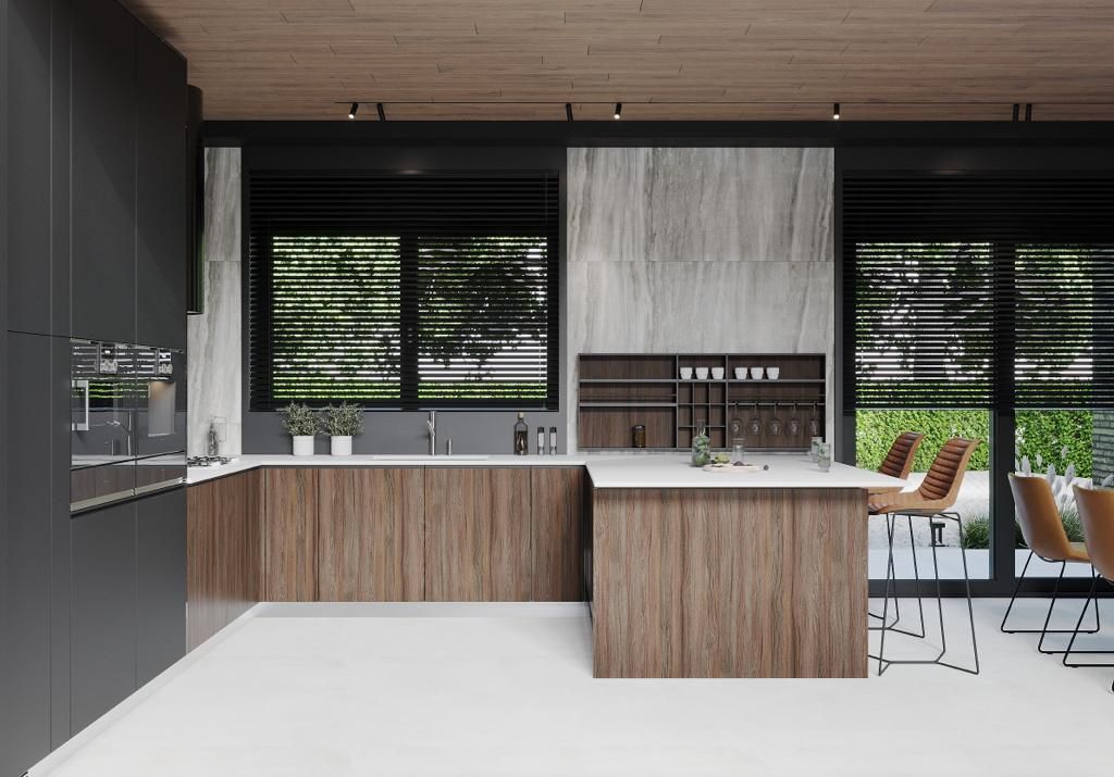Modern kitchen with wood cabinets, island, stone backsplash, and black window shades.