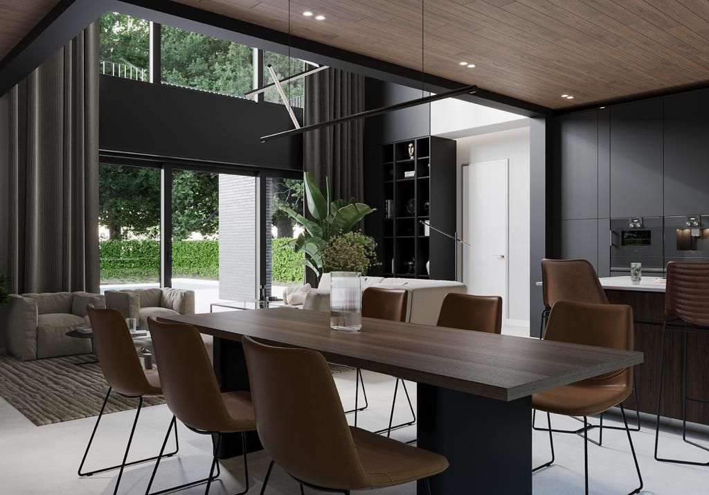 Modern dining room with brown chairs, dark wood table, black cabinets, and outdoor view.