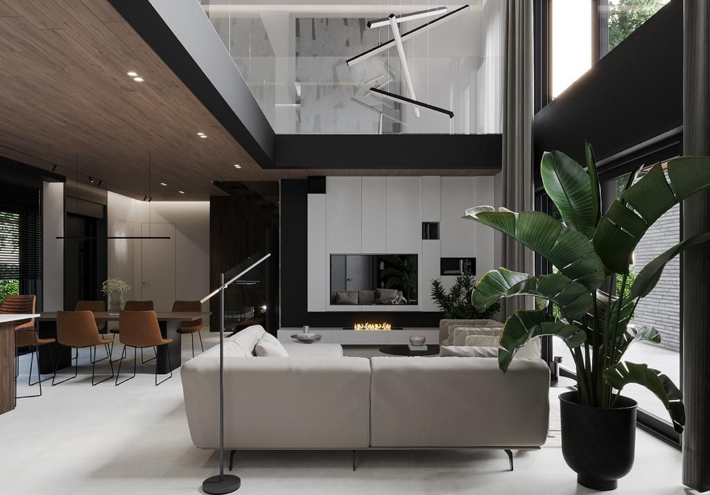 Modern living room with a neutral-toned sofa, large plants, and fireplace, under a wood-paneled ceiling.