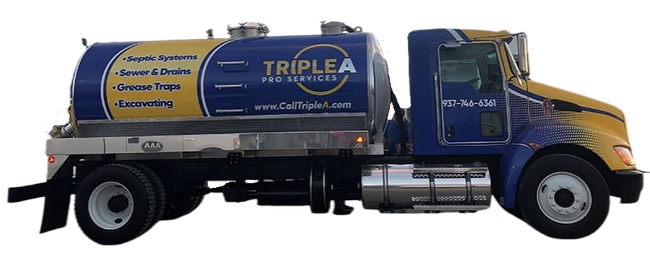 A blue and yellow truck with the word triplea on the side.
