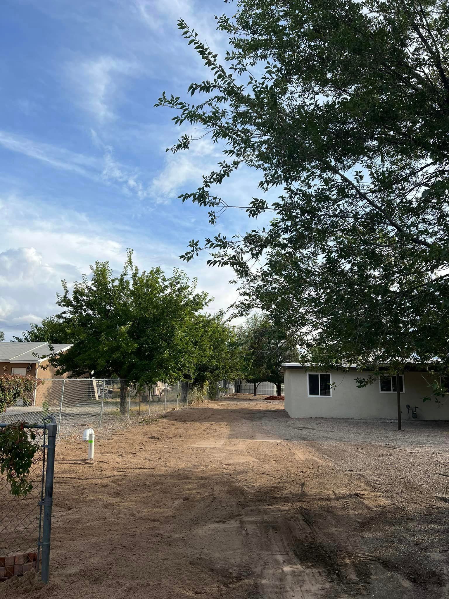 A dirt road leading to a house with trees in the background