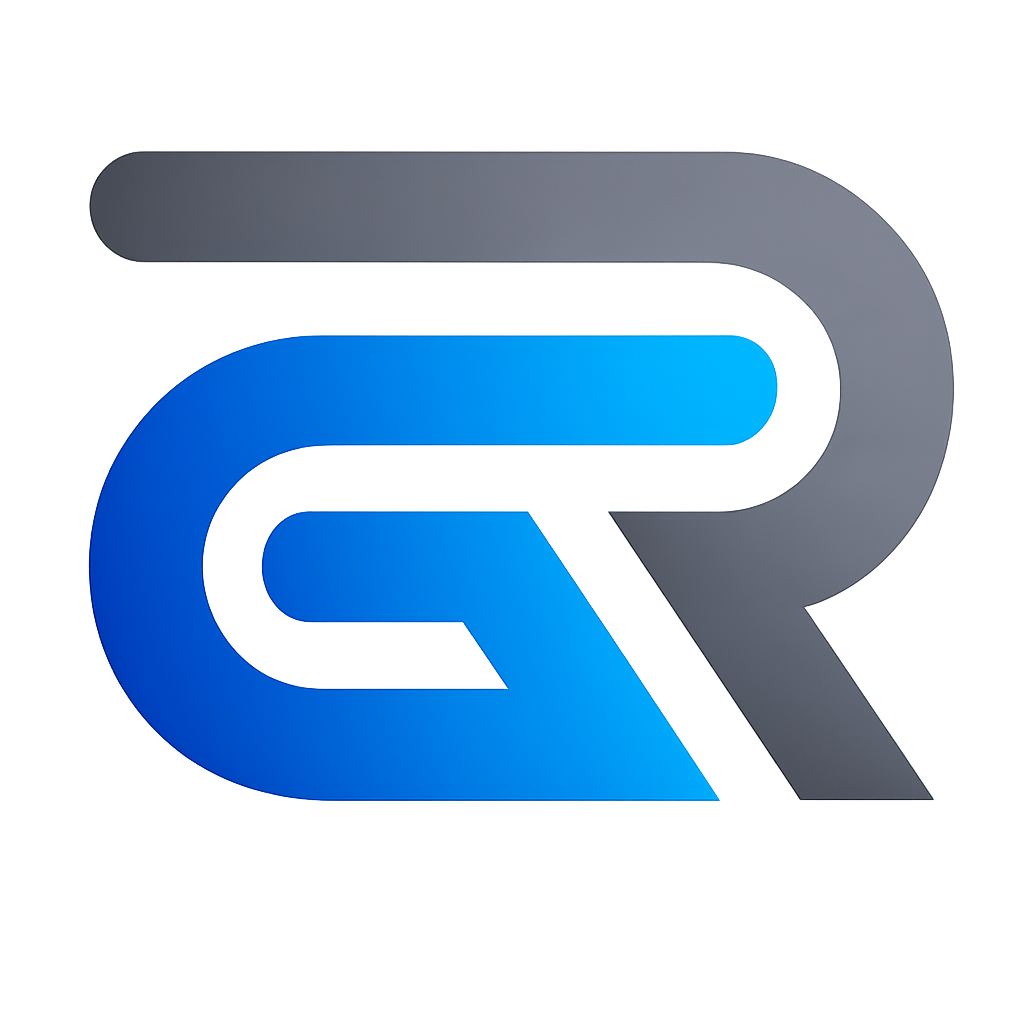 Logo GR stilizzato blu e grigio su sfondo bianco.