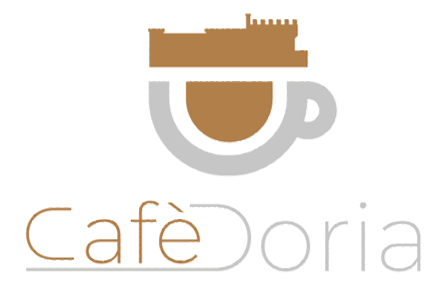 Un logo per il caffè doria con una tazza di caffè e un castello