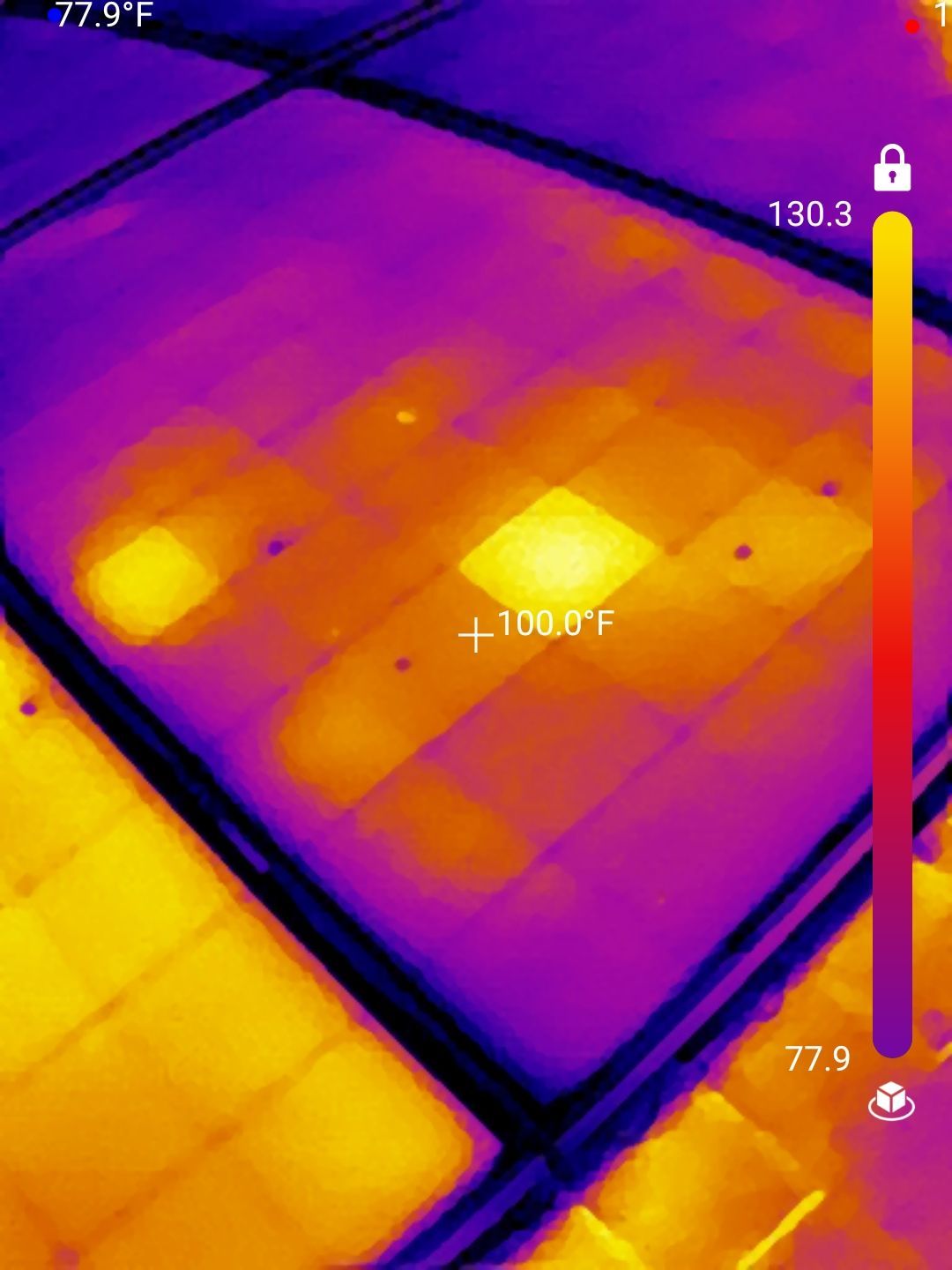 Thermal imaging scan showing hot spots on residential solar panels in Las Vegas, NV.