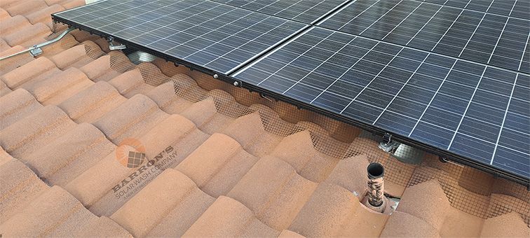 Solar panels with wire mesh barriers for bird protection