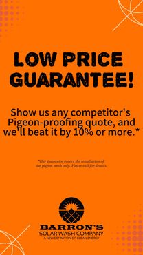 Low Price Guarantee! Show us any competitor's bird proofing quote and we will beat it by $100* Restrictions apply. Call for details.