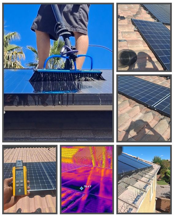 collage of solar panel cleaning, bird-proofing, and inspections