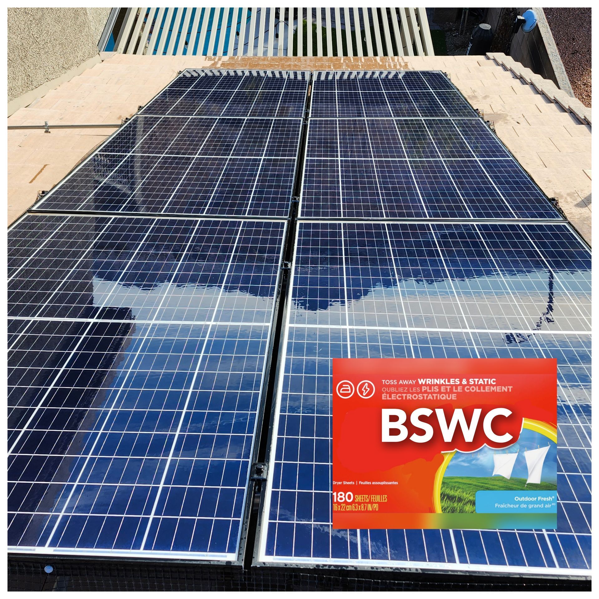 picture of clean solar panels and a dryer sheet box that has the letters BSWC standing for Barron's Solar Wash Company