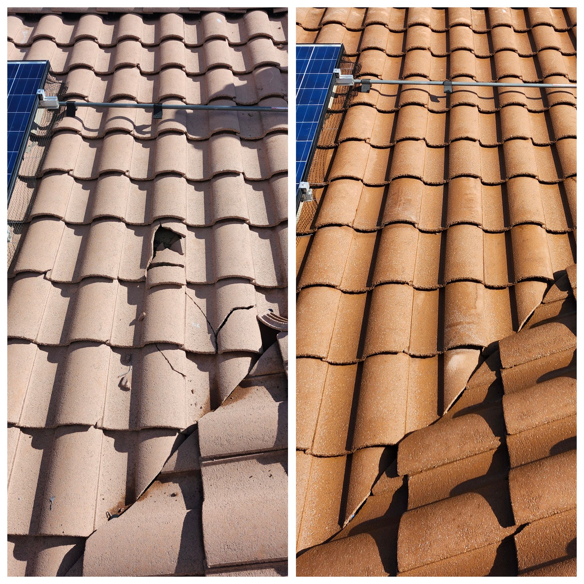 Picture of broken roof tiles and another of the roof tiles replaced and fixed.