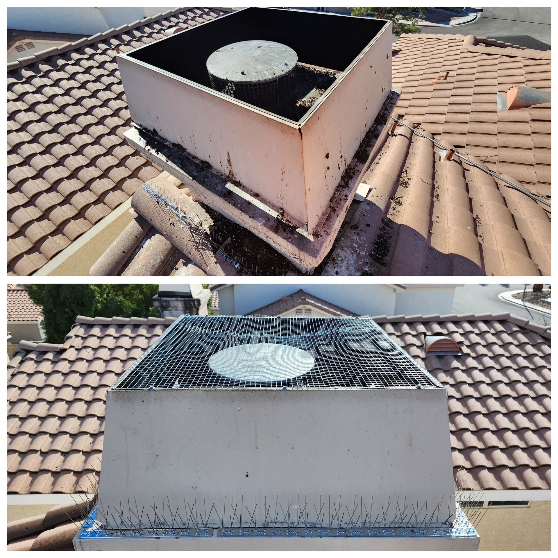 A photo of a chimney covered in pigeon waste. Another of the chimneys is clean and with bird spikes and mesh deterrents.