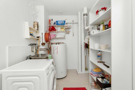 A laundry room with a washer and dryer , sink , and shelves.