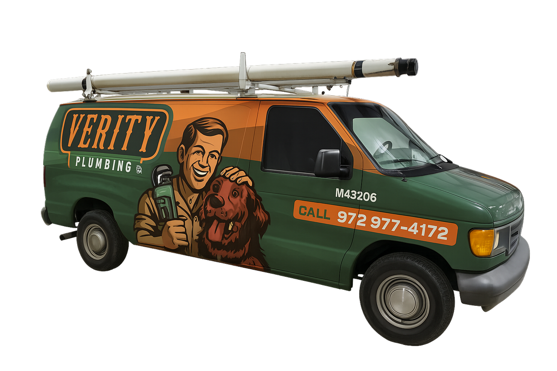 A green and orange van with a plumber and a dog on the side.