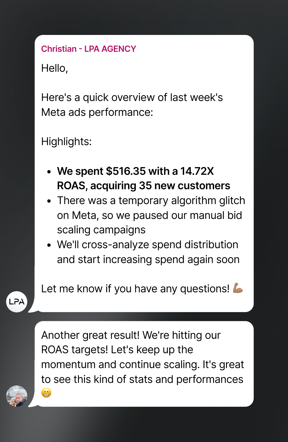 A screenshot of a text message between two people.