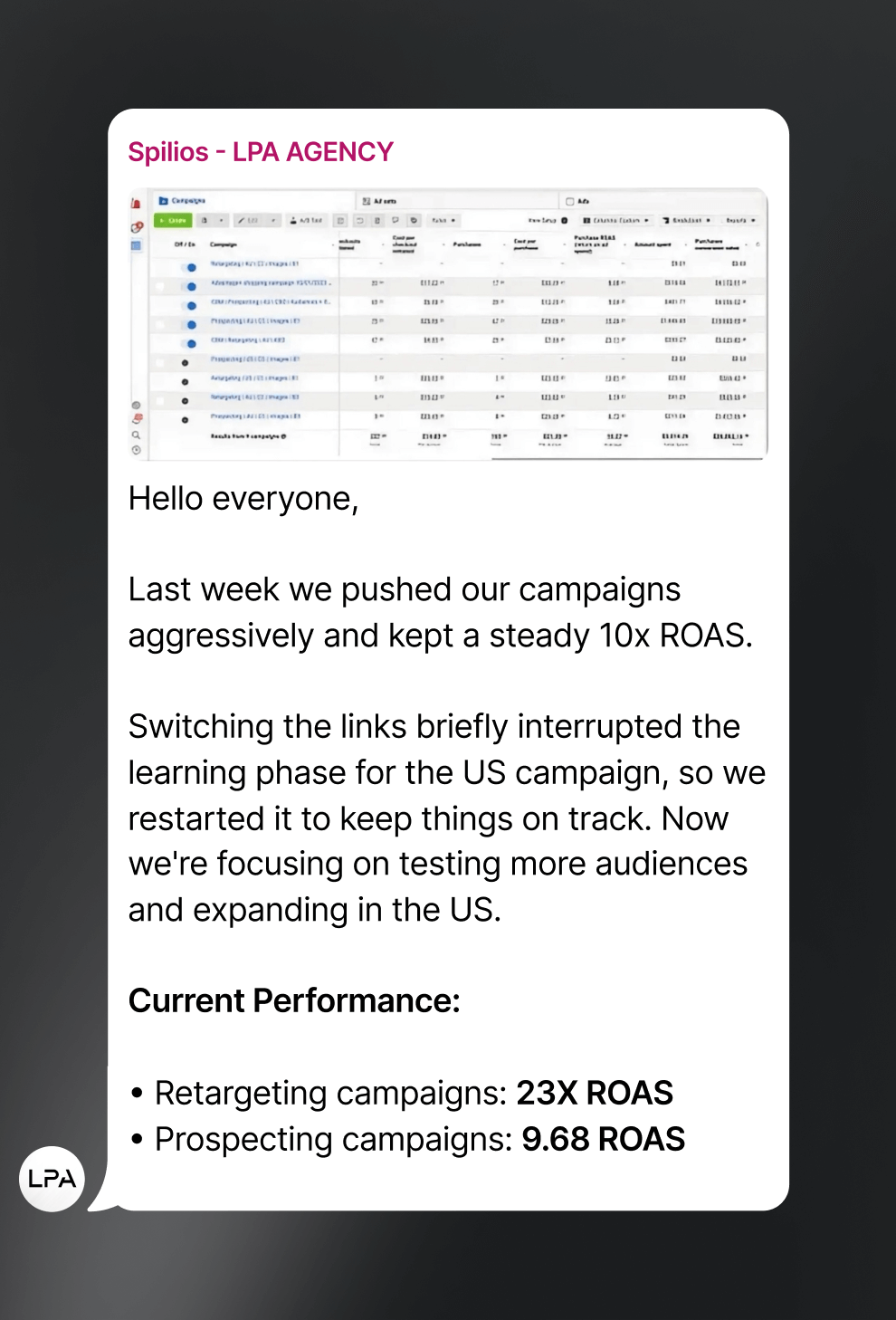 A screenshot of an email from lpa agency.