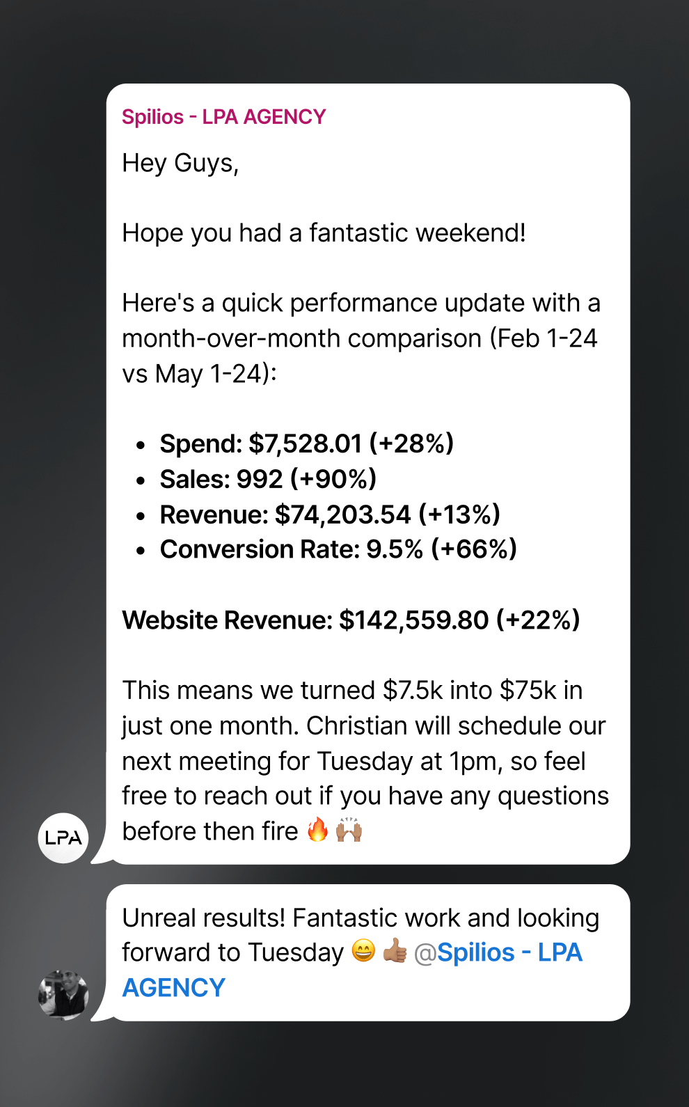 A screenshot of a text message between two people.