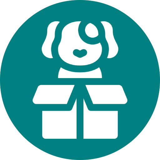 A dog is sitting in a box in a blue circle.