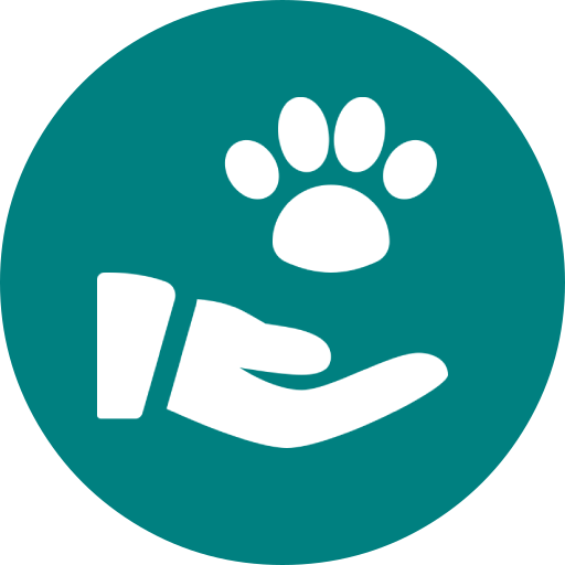 A hand is holding a paw print in a blue circle.
