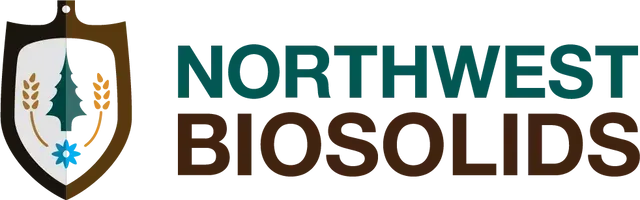 Northwest Biosolids logo with brown and teal text and a shield emblem with tree and droplet icons