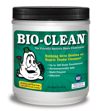 Container of Bio-Clean drain cleaner with a cartoon character and product information.