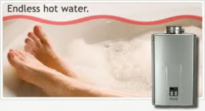 A picture of a person taking a bath with the words endless hot water
