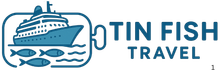 The logo for tin fish travel shows a cruise ship and fish.