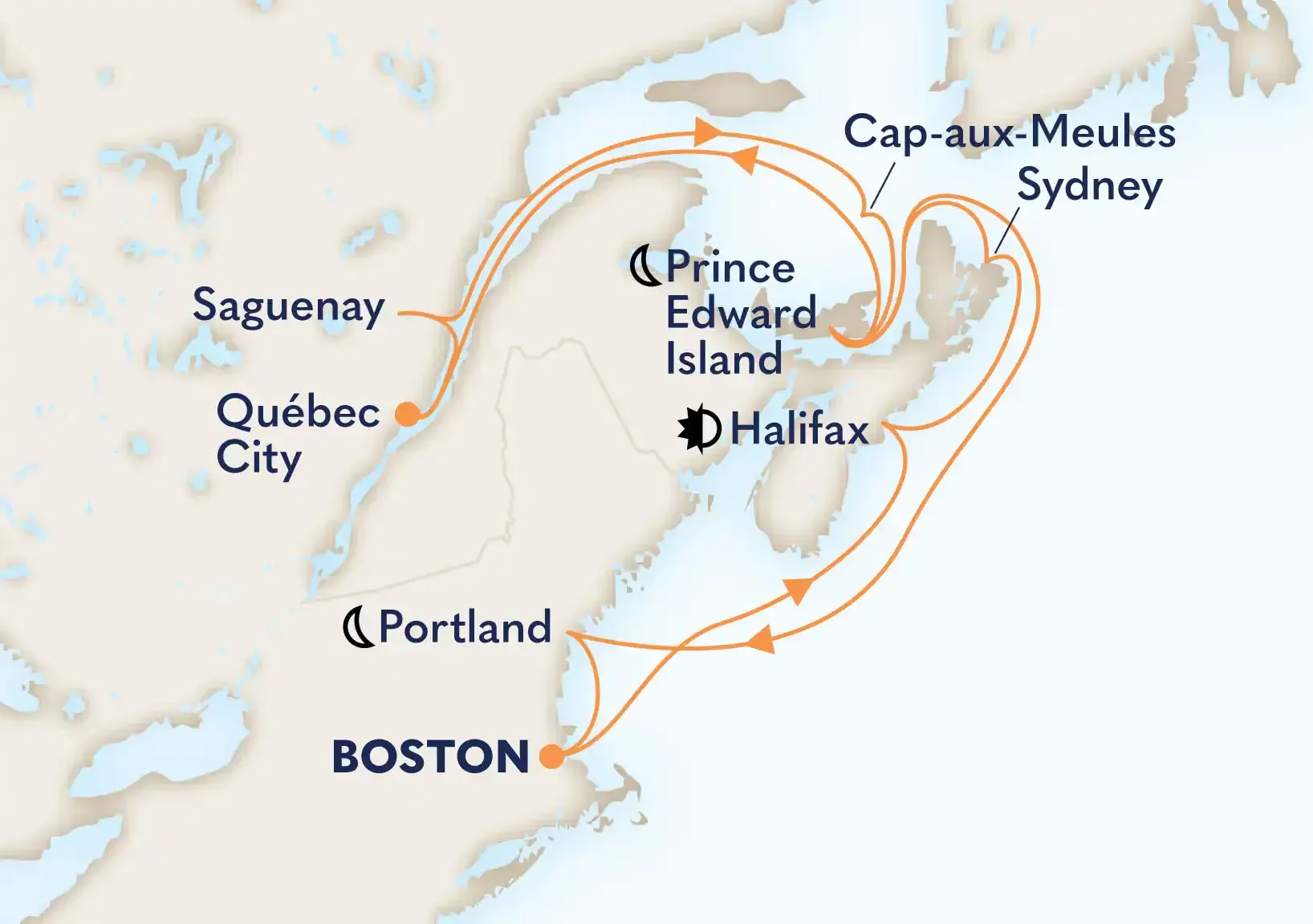 A map showing a Holland American Line Cruise route from boston to prince edward island