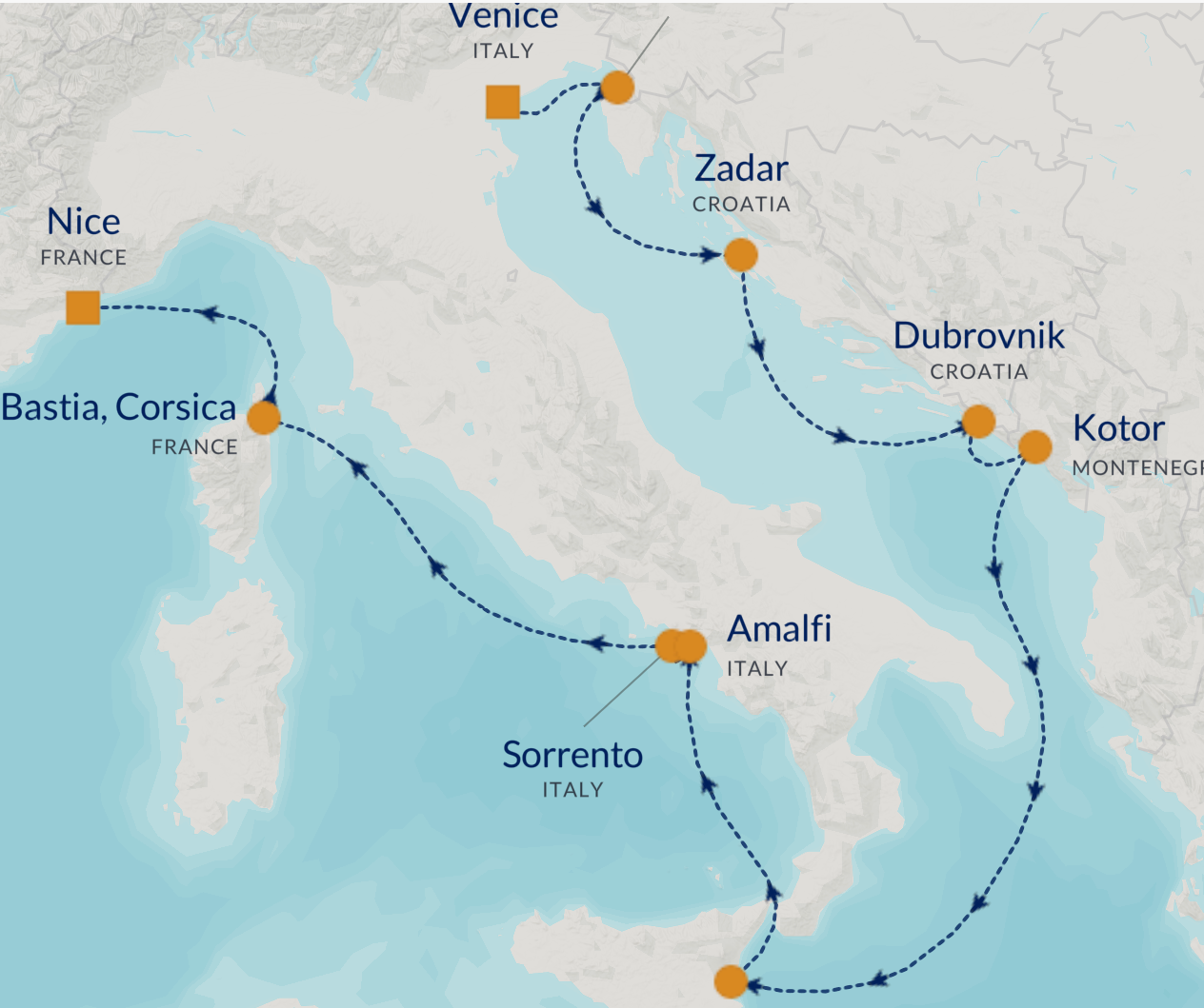 A map showing an Azamara cruise route to amalfi and venice