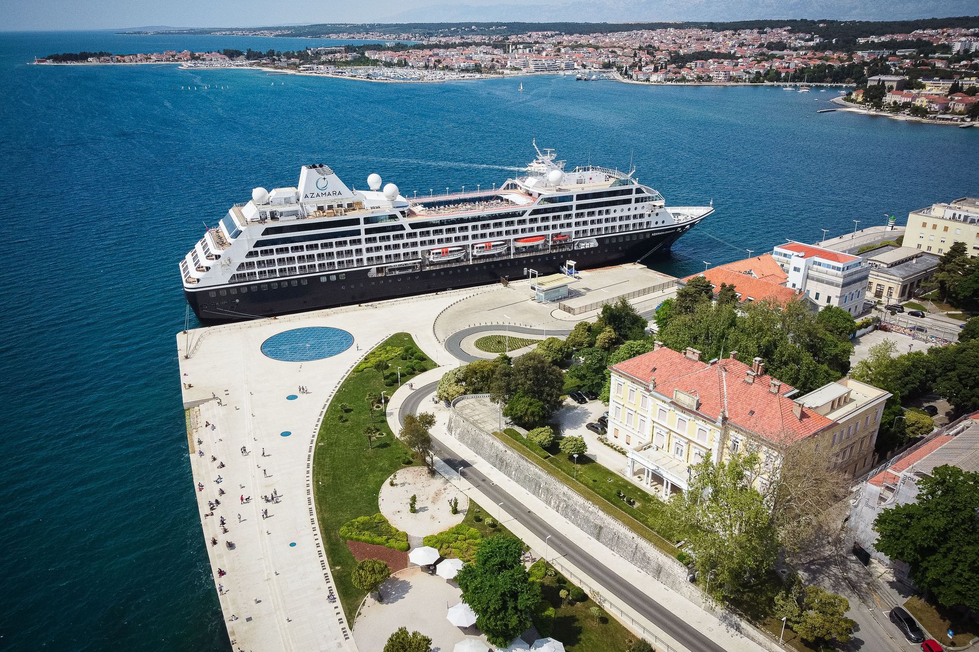 An aerial view of a cruise ship docked in Zadar, Croatia